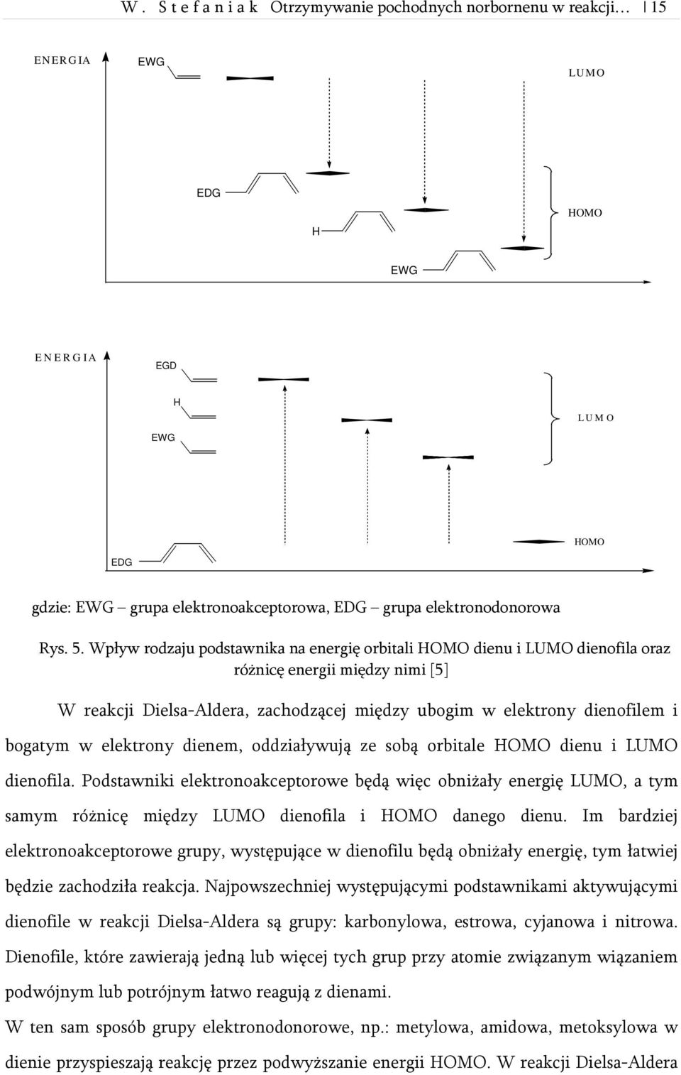 Wpływ rodzaju podstawnika na energię orbitali HOMO dienu i LUMO dienofila oraz różnicę energii między nimi [5] W reakcji Dielsa-Aldera, zachodzącej między ubogim w elektrony dienofilem i bogatym w