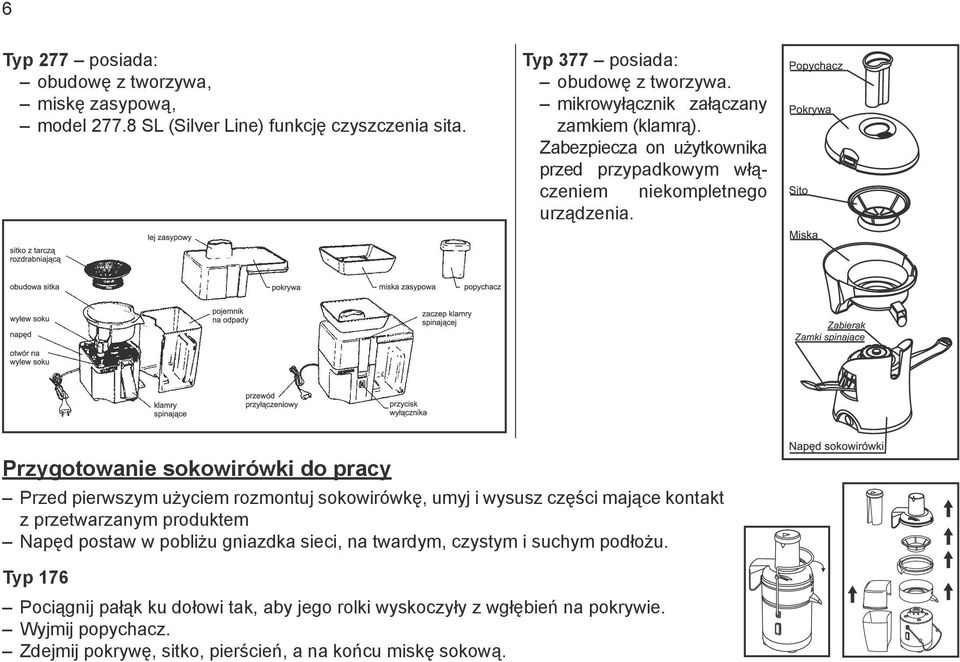 Przygotowanie sokowirówki do pracy Przed pierwszym użyciem rozmontuj sokowirówkę, umyj i wysusz części mające kontakt z przetwarzanym produktem Napęd postaw w