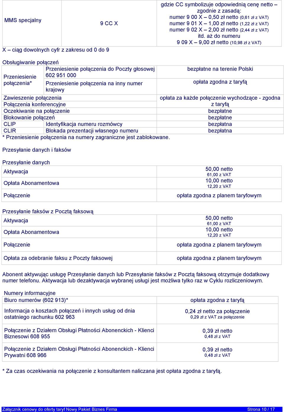 aż do numeru 9 09 X 9,00 zł netto (10,98 zł z VAT) Obsługiwanie połączeń Przeniesienie połączenia do Poczty głosowej 602 951 000 Przeniesienie połączenia* Przeniesienie połączenia na inny numer