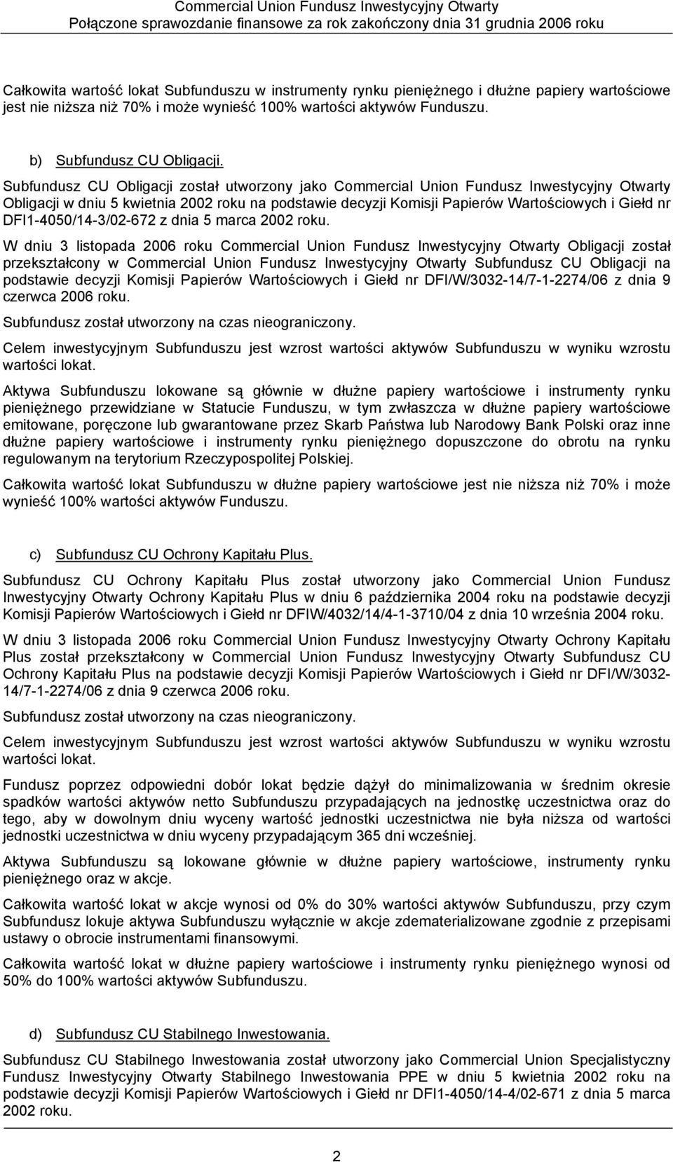 Subfundusz CU Obligacji został utworzony jako Commercial Union Fundusz Inwestycyjny Otwarty Obligacji w dniu 5 kwietnia 2002 roku na podstawie decyzji Komisji Papierów Wartościowych i Giełd nr