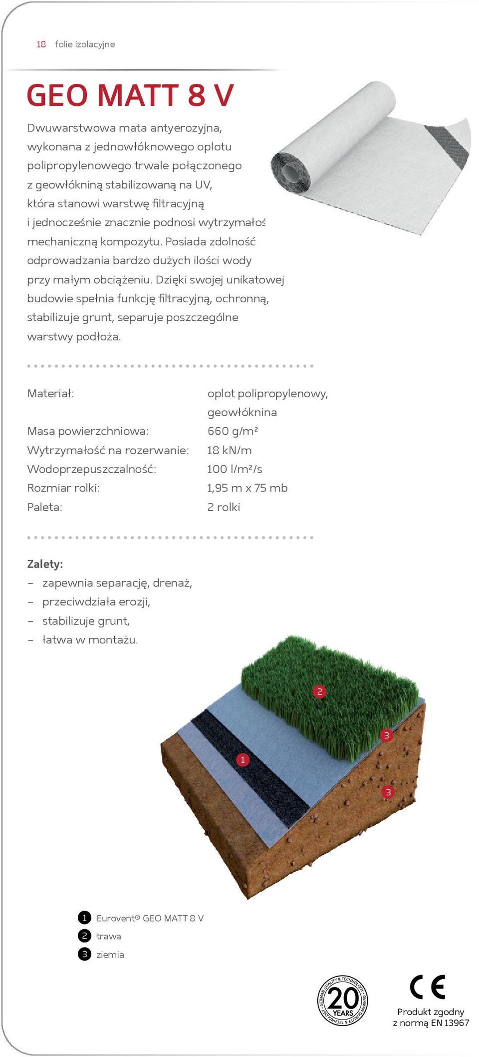 Dzięki swojej unikatowej budowie spełnia funkcję filtracyjną, ochronną, stabilizuje grunt, separuje poszczególne warstwy podłoża.