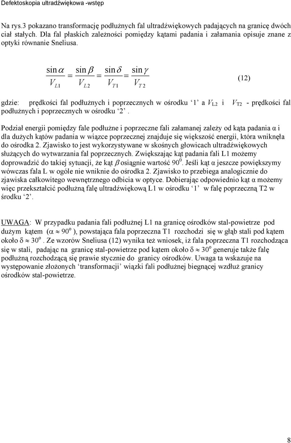 sinα V L1 sin β = V L sinδ = V T1 sinγ V = (1) T gdzie: prędkości fal podłużnych i poprzecznych w ośrodku 1 a V L i V T - prędkości fal podłużnych i poprzecznych w ośrodku.