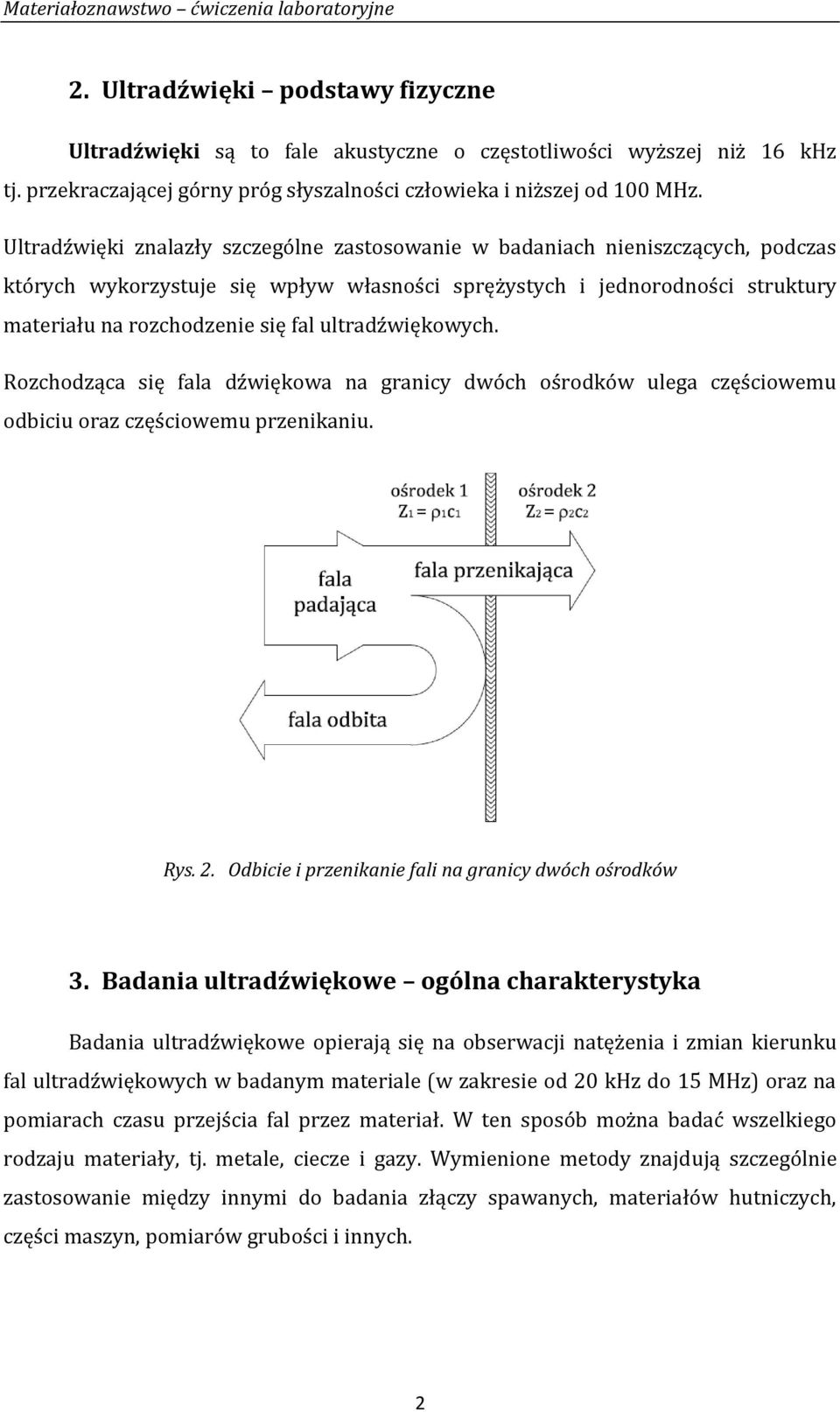 ultradźwiękowych. Rozchodząca się fala dźwiękowa na granicy dwóch ośrodków ulega częściowemu odbiciu oraz częściowemu przenikaniu. Rys. 2. Odbicie i przenikanie fali na granicy dwóch ośrodków 3.