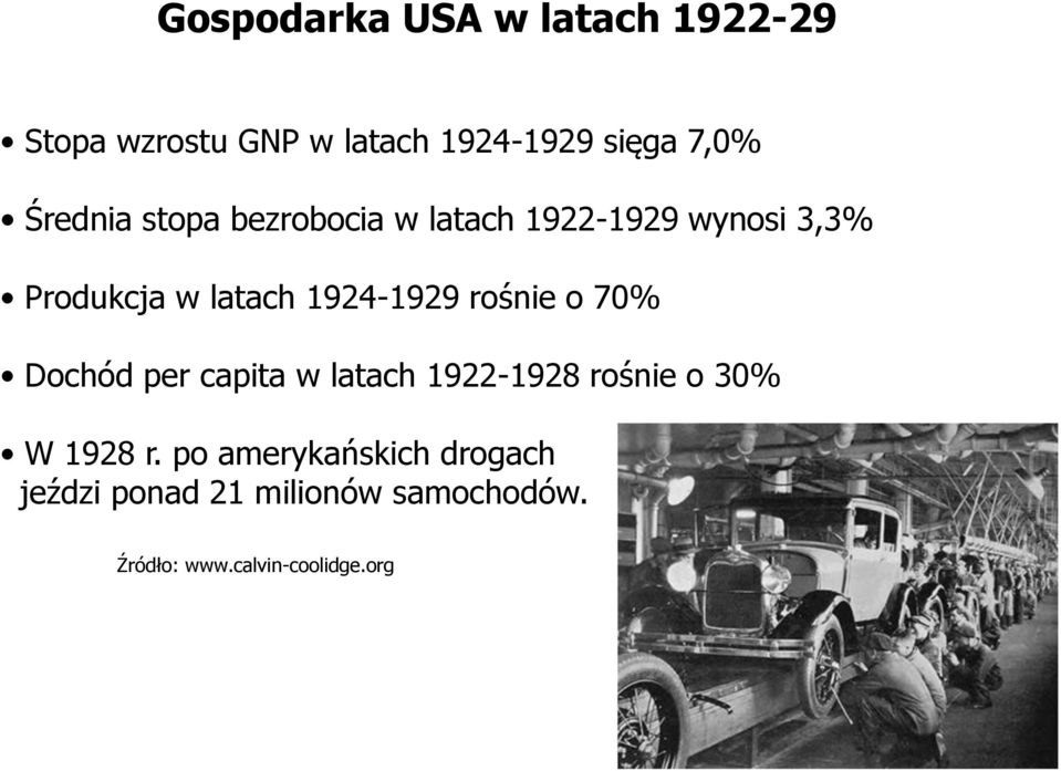 1924-1929 rośnie o 70% Dochód per capita w latach 1922-1928 rośnie o 30% W 1928 r.