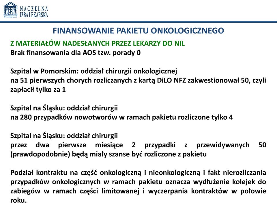 porady 0 Szpital w Pomorskim: oddział chirurgii onkologicznej na 51 pierwszych chorych rozliczanych z kartą DiLO NFZ zakwestionował 50, czyli zapłacił tylko za 1 Szpital na Śląsku: oddział