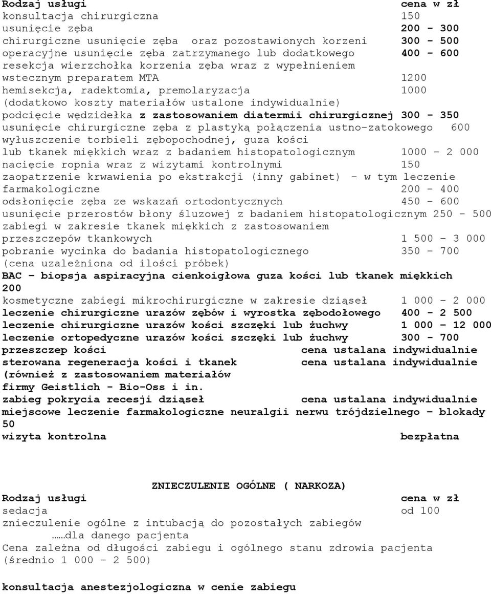 diatermii chirurgicznej 300-350 usunięcie chirurgiczne zęba z plastyką połączenia ustno-zatokowego 600 wyłuszczenie torbieli zębopochodnej, guza kości lub tkanek miękkich wraz z badaniem