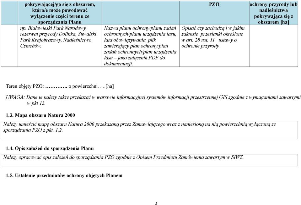 Nazwa planu ochrony/planu zadań ochronnych/planu urządzenia lasu, lata obowiązywania, plik zawierający plan ochrony/plan zadań ochronnych/plan urządzenia lasu jako załącznik PDF do dokumentacji.