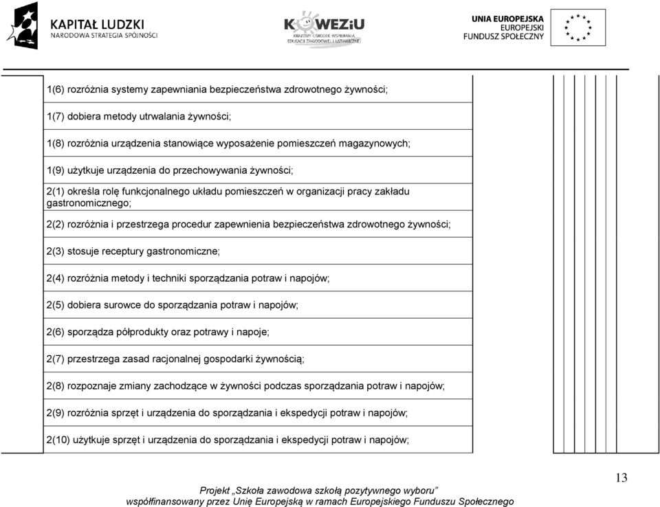 bezpieczeństwa zdrowotnego żywności; 2(3) stosuje receptury gastronomiczne; 2(4) rozróżnia metody i techniki sporządzania potraw i napojów; 2(5) dobiera surowce do sporządzania potraw i napojów; 2(6)