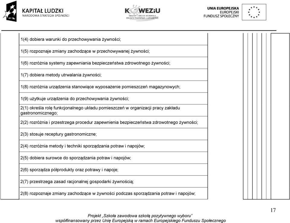 pomieszczeń w organizacji pracy zakładu gastronomicznego; 2(2) rozróżnia i przestrzega procedur zapewnienia bezpieczeństwa zdrowotnego żywności; 2(3) stosuje receptury gastronomiczne; 2(4) rozróżnia