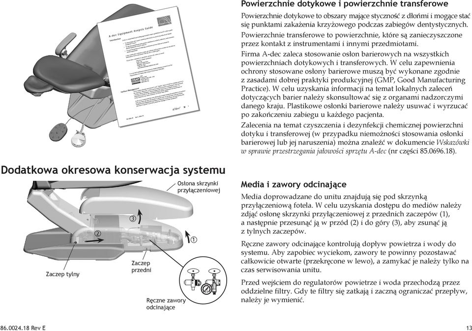 Firma A-dec zaleca stosowanie osłon barierowych na wszystkich powierzchniach dotykowych i transferowych.