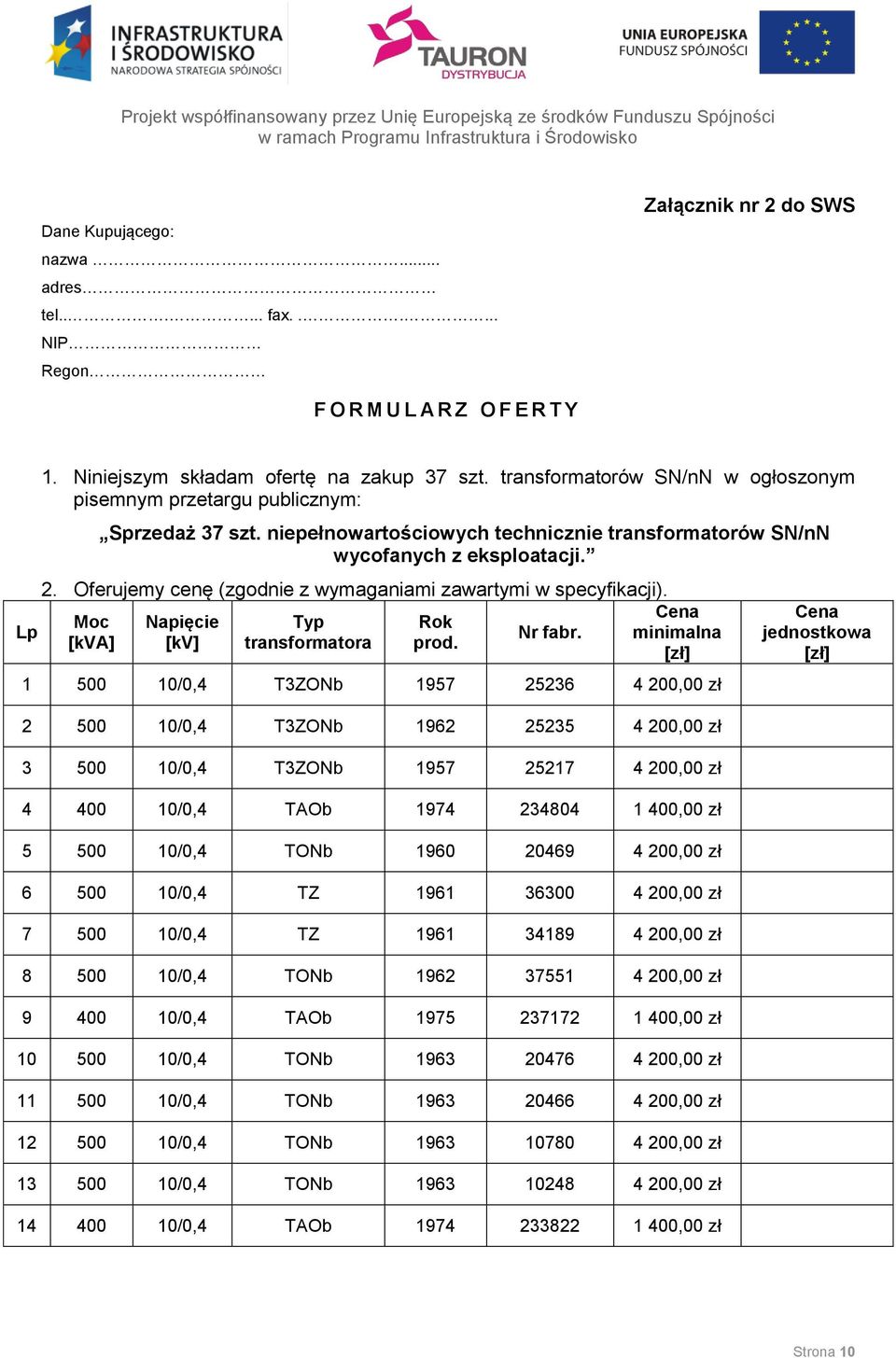 niepełnowartościowych technicznie transformatorów SN/nN wycofanych z eksploatacji. 2. Oferujemy cenę (zgodnie z wymaganiami zawartymi w specyfikacji).