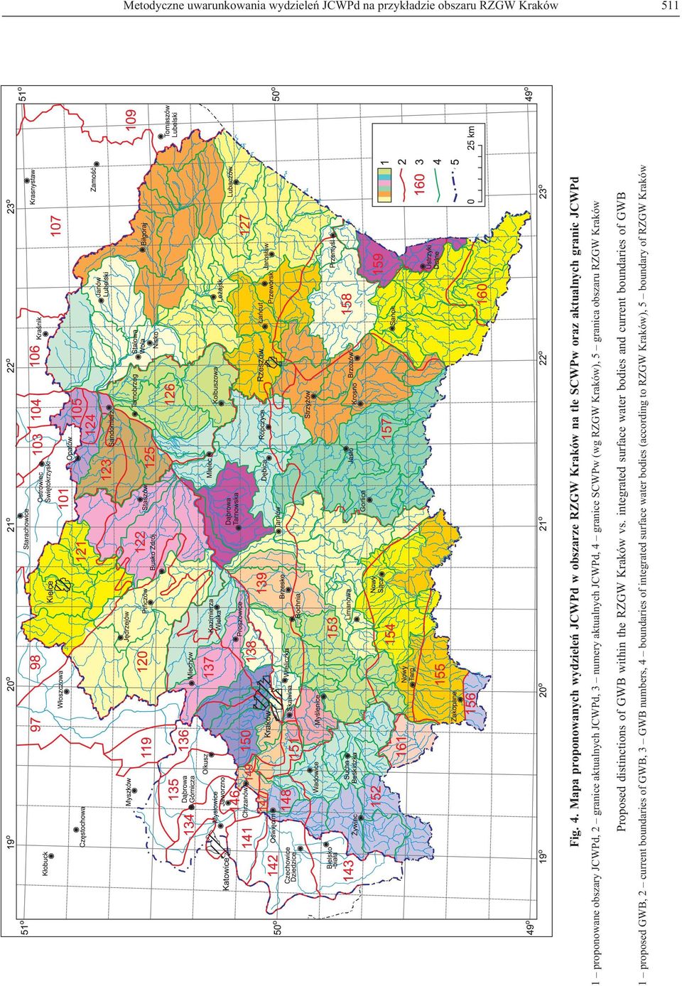 JCWPd, 3 numery aktualnych JCWPd, 4 granice SCWPw (wg RZGW Kraków), 5 granica obszaru RZGW Kraków Proposed distinctions of GWB within the RZGW Kraków vs.