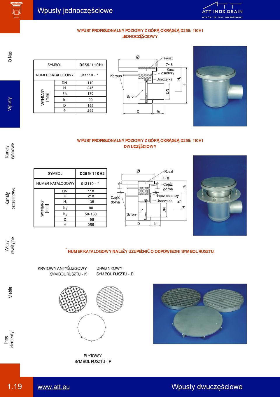 255/1102 KATALOGOY 012110-110 210 1 135 h 1 90 h 2 50-160 195 φ 255 dolna O h 1 7~8 górna Kosz osadczy