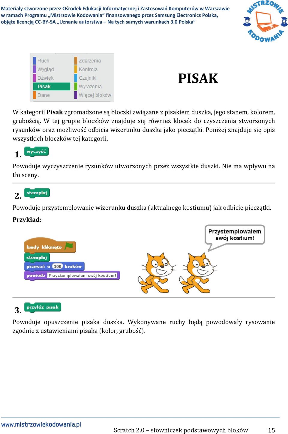 Poniżej znajduje się opis wszystkich bloczków tej kategorii. 1. Powoduje wyczyszczenie rysunków utworzonych przez wszystkie duszki. Nie ma wpływu na tło sceny. 2.