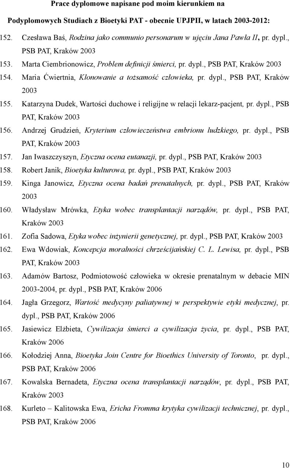 Maria Ćwiertnia, Klonowanie a tożsamość człowieka, pr. dypl., PSB PAT, Kraków 2003 155. Katarzyna Dudek, Wartości duchowe i religijne w relacji lekarz-pacjent, pr. dypl., PSB PAT, Kraków 2003 156.