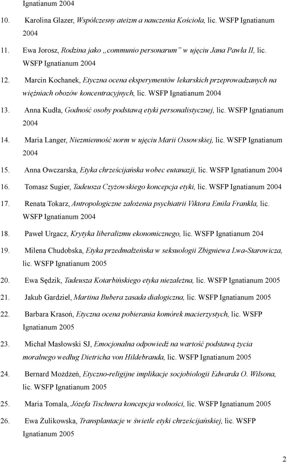 Anna Kudła, Godność osoby podstawą etyki personalistycznej, lic. WSFP Ignatianum 2004 14. Maria Langer, Niezmienność norm w ujęciu Marii Ossowskiej, lic. WSFP Ignatianum 2004 15.