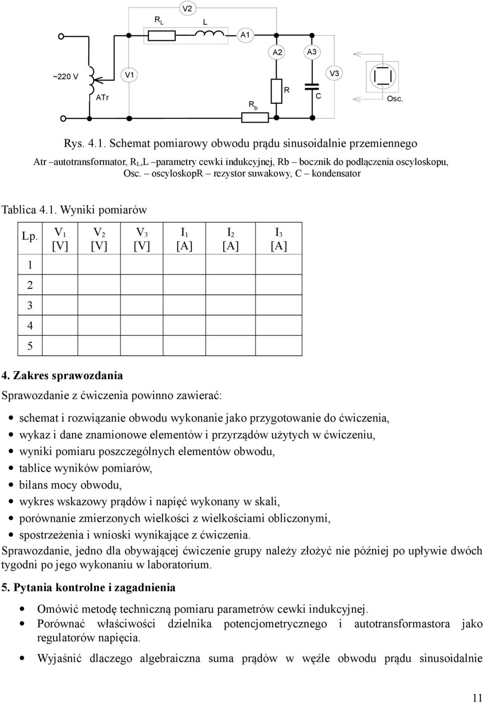 oscyloskopr rezystor suwakowy, C kondensator Tablica 4.. Wyniki pomiarów Lp. V V V I I I 4 5 4.