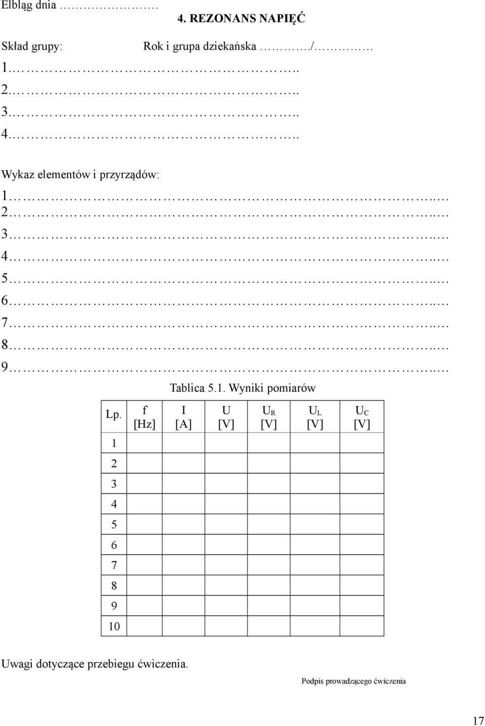 . Lp. 4 5 6 7 8 9 0 f [Hz] Tablica 5.