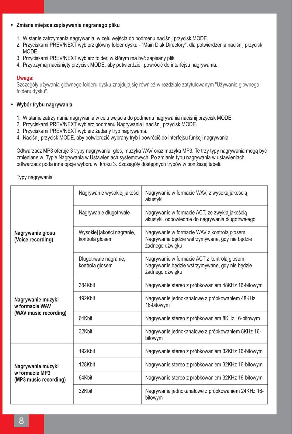 Przytrzymaj naciśnięty przycisk MODE, aby potwierdzić i powrócić do interfejsu nagrywania.