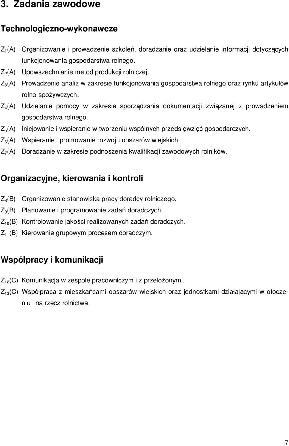 Z 4 (A) Udzielanie pomocy w zakresie sporządzania dokumentacji związanej z prowadzeniem gospodarstwa rolnego. Z 5 (A) Inicjowanie i wspieranie w tworzeniu wspólnych przedsięwzięć gospodarczych.