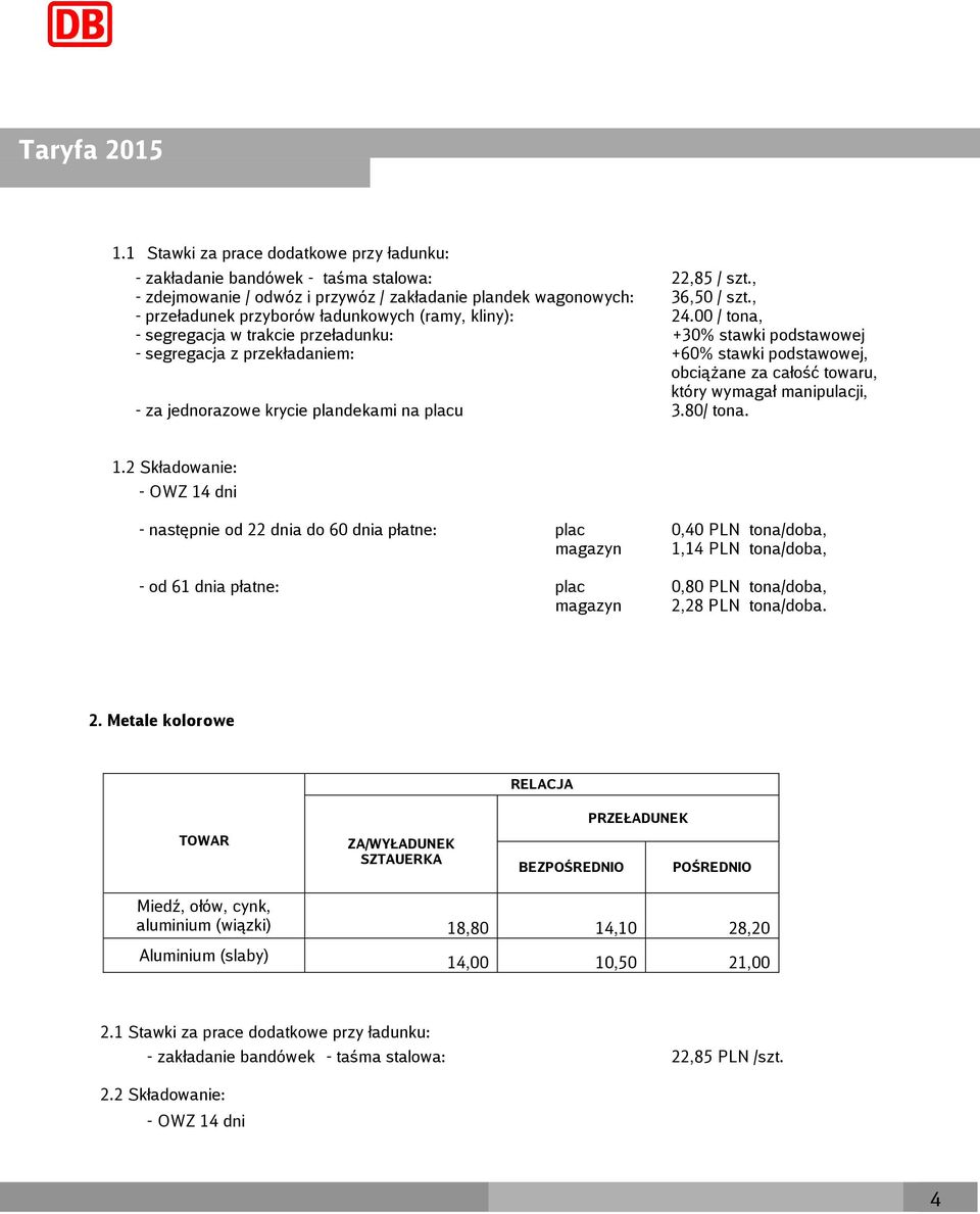 00 / tona, - segregacja w trakcie przeładunku: +0% stawki podstawowej - segregacja z przekładaniem: +60% stawki podstawowej, obciążane za całość towaru, który wymagał manipulacji, - za jednorazowe