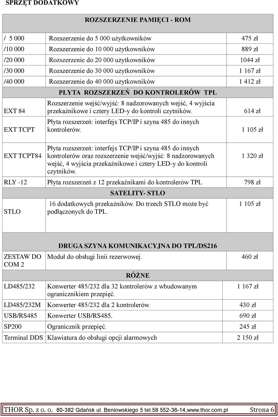 nadzorowanych wejść, 4 wyjścia przekaźnikowe i cztery LED-y do kontroli czytników. Płyta rozszerzeń: interfejs TCP/IP i szyna 485 do innych kontrolerów.