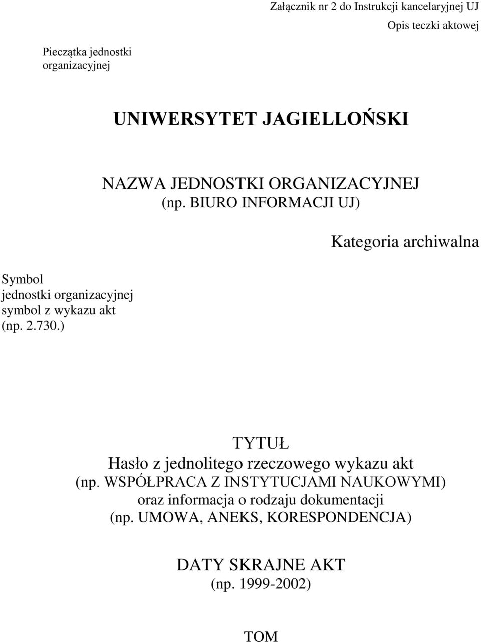 BIURO INFORMACJI UJ) Kategoria archiwalna TYTUŁ Hasło z jednolitego rzeczowego wykazu akt (np.