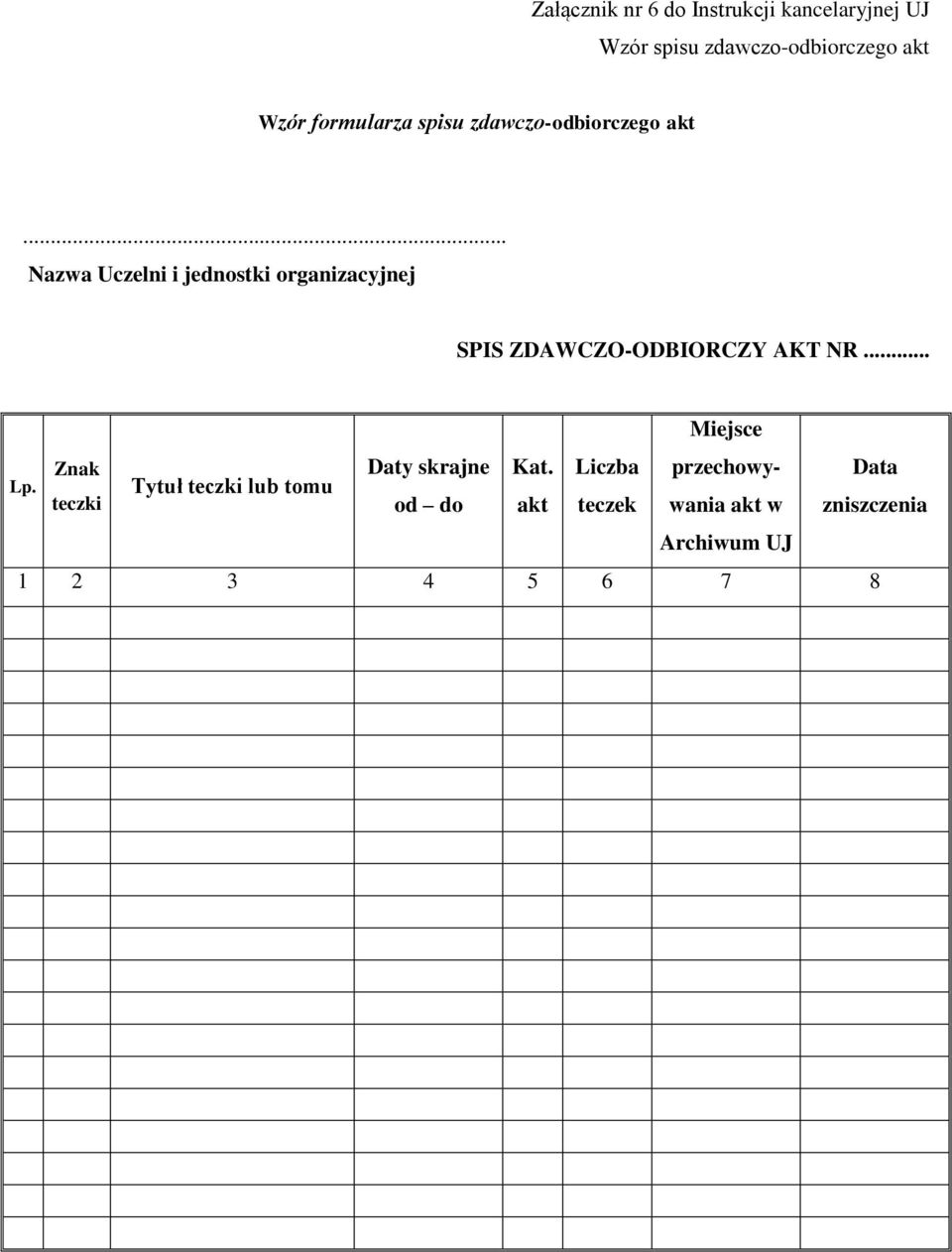.. Nazwa Uczelni i jednostki organizacyjnej SPIS ZDAWCZO-ODBIORCZY AKT NR.