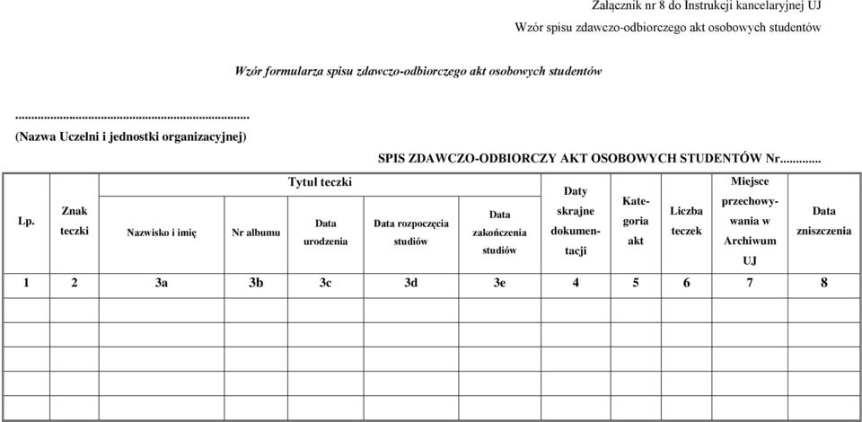 .. (Nazwa Uczelni i jednostki organizacyjnej) SPIS ZDAWCZO-ODBIORCZY AKT OSOBOWYCH STUDENTÓW Nr.