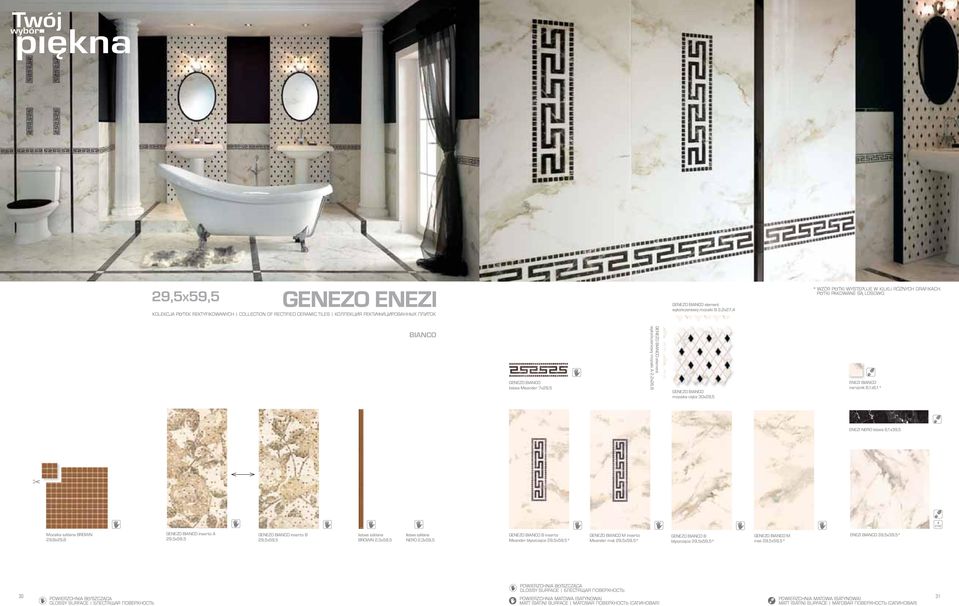 BIANCO GENEZO BIANCO listwa Meander 7x29,5 GENEZO BIANCO element wykończeniowy mozaiki A 2,2x26,6 GENEZO BIANCO mozaika cięta 0x29,5 ENEZI BIANCO narożnik 6,1x6,1* ENEZI NERO listwa 6,1x9,5 Mozaika