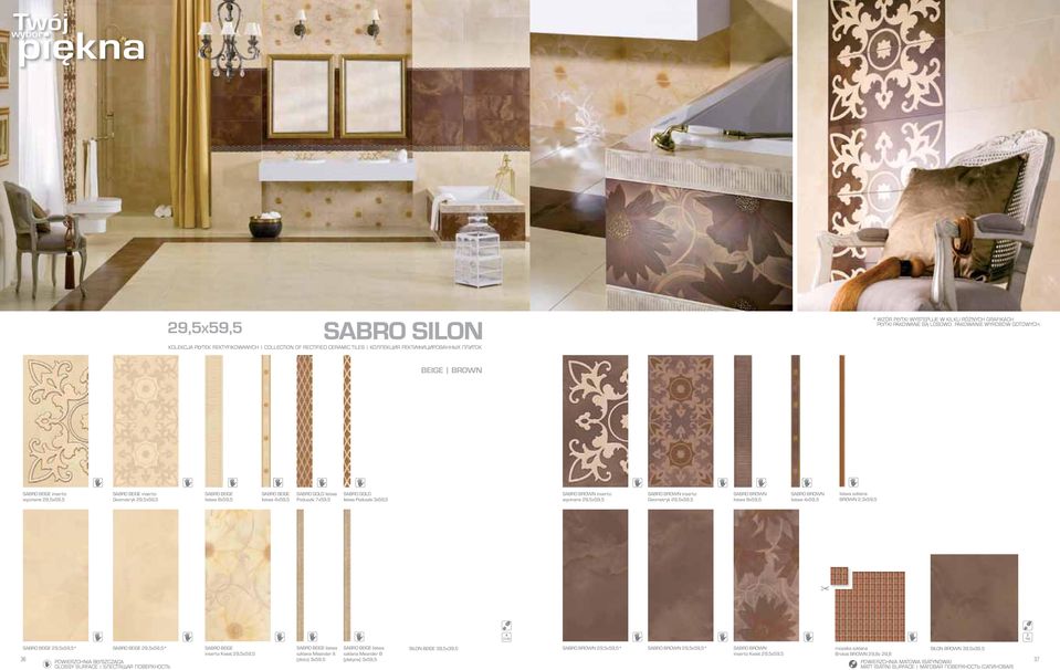 BEIGE BROWN SABRO BEIGE inserto wycinane 29,5x59,5 SABRO BEIGE inserto Geometryk 29,5x59,5 SABRO BEIGE listwa 8x59,5 SABRO BEIGE listwa x59,5 SABRO GOLD listwa Poduszki 7x59,5 SABRO GOLD listwa
