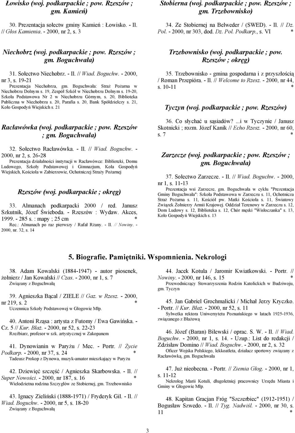 Boguchw. - 2000, nr 3, s. 19-21 Prezentacja Niechobrza, gm. Boguchwała: Straż Pożarna w Niechobrzu Dolnym s. 19, Zespół Szkół w Niechobrzu Dolnym s.