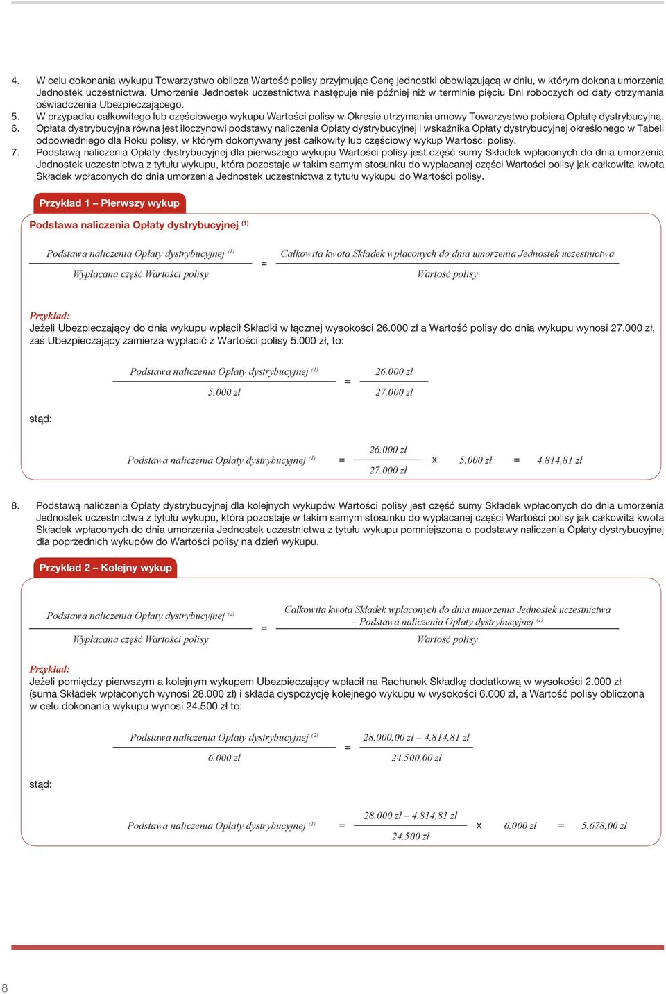 W przypadku całkowitego lub częściowego wykupu Wartości polisy w Okresie utrzymania umowy Towarzystwo pobiera Opłatę dystrybucyjną. 6.