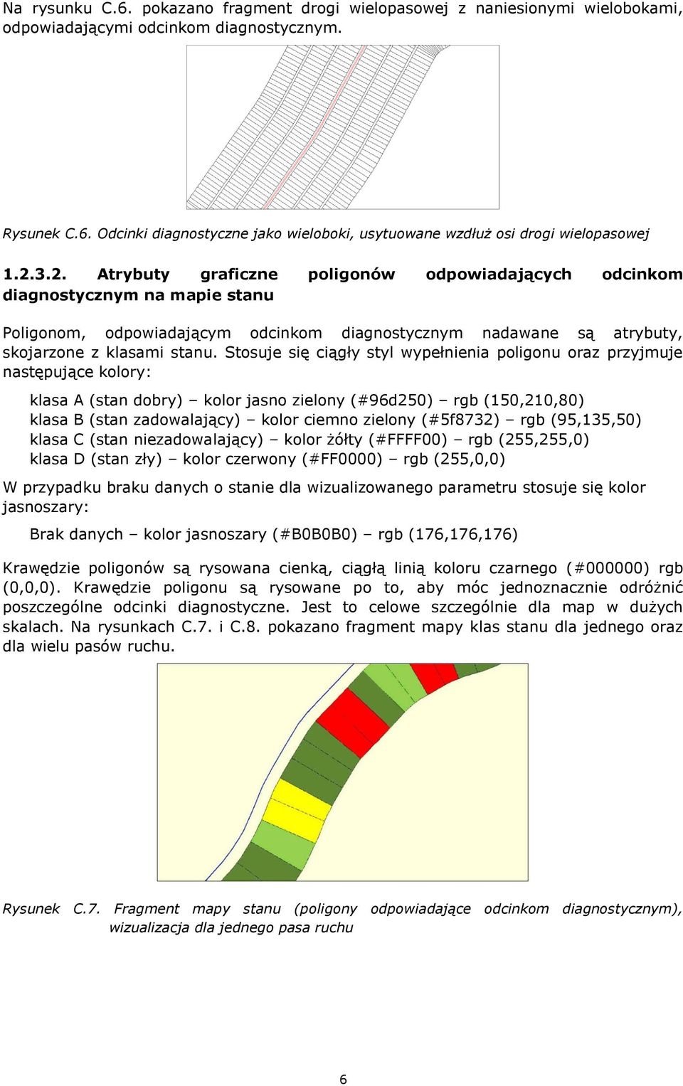 Stosuje się ciągły styl wypełnienia poligonu oraz przyjmuje następujące kolory: klasa A (stan dobry) kolor jasno zielony (#96d250) rgb (150,210,80) klasa B (stan zadowalający) kolor ciemno zielony