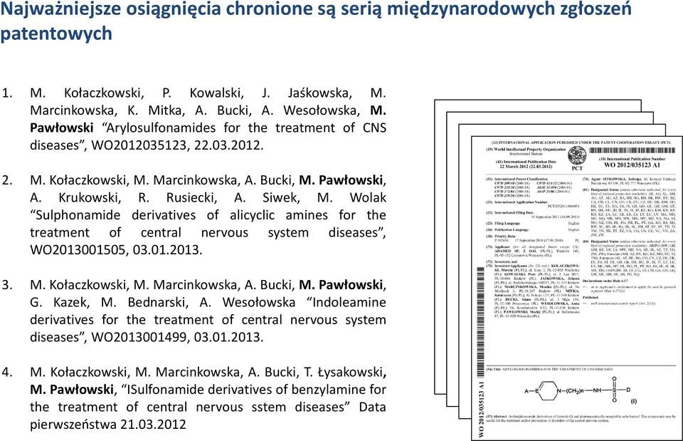 Wolak Sulphonamide derivatives of alicyclic amines for the treatment of central nervous system diseases, W2013001505, 03.01.2013. 3. M. Kołaczkowski, M. Marcinkowska, A. Bucki, M. Pawłowski, G.