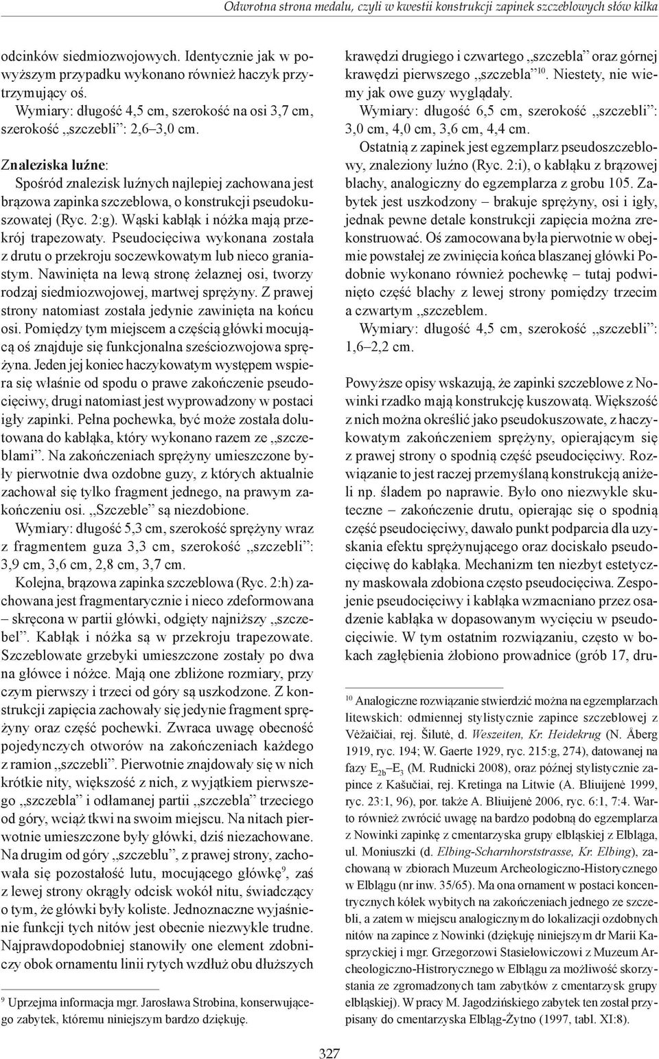Znaleziska luźne: Spośród znalezisk luźnych najlepiej zachowana jest brązowa zapinka szczeblowa, o konstrukcji pseudokuszowatej (Ryc. 2:g). Wąski kabłąk i nóżka mają przekrój trapezowaty.