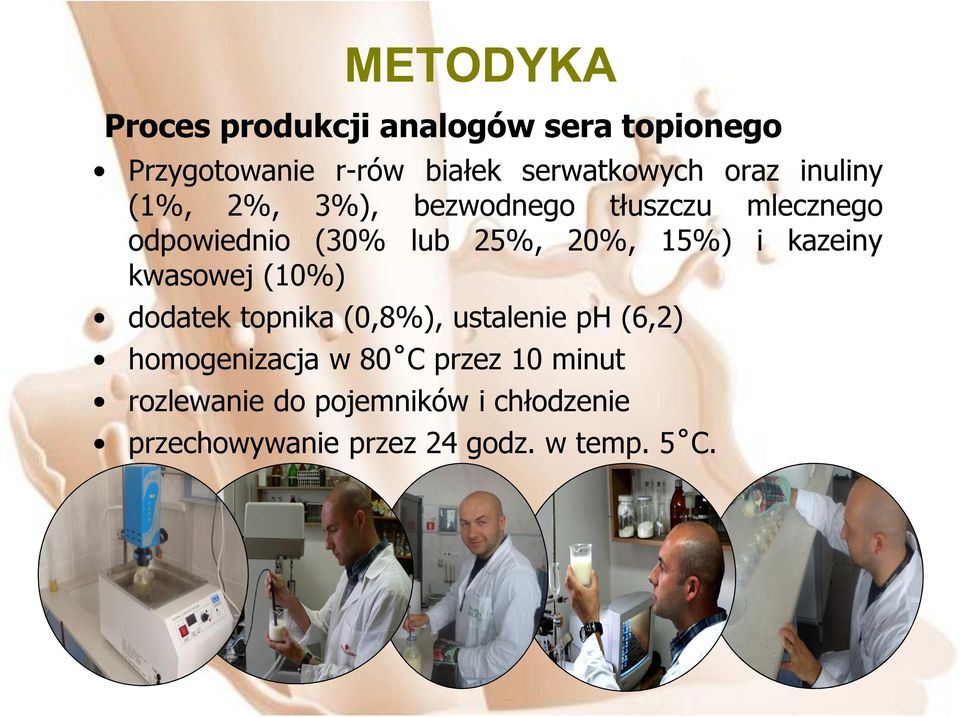 15%) i kazeiny kwasowej (10%) dodatek topnika (0,8%), ustalenie ph (6,2) homogenizacja w 80