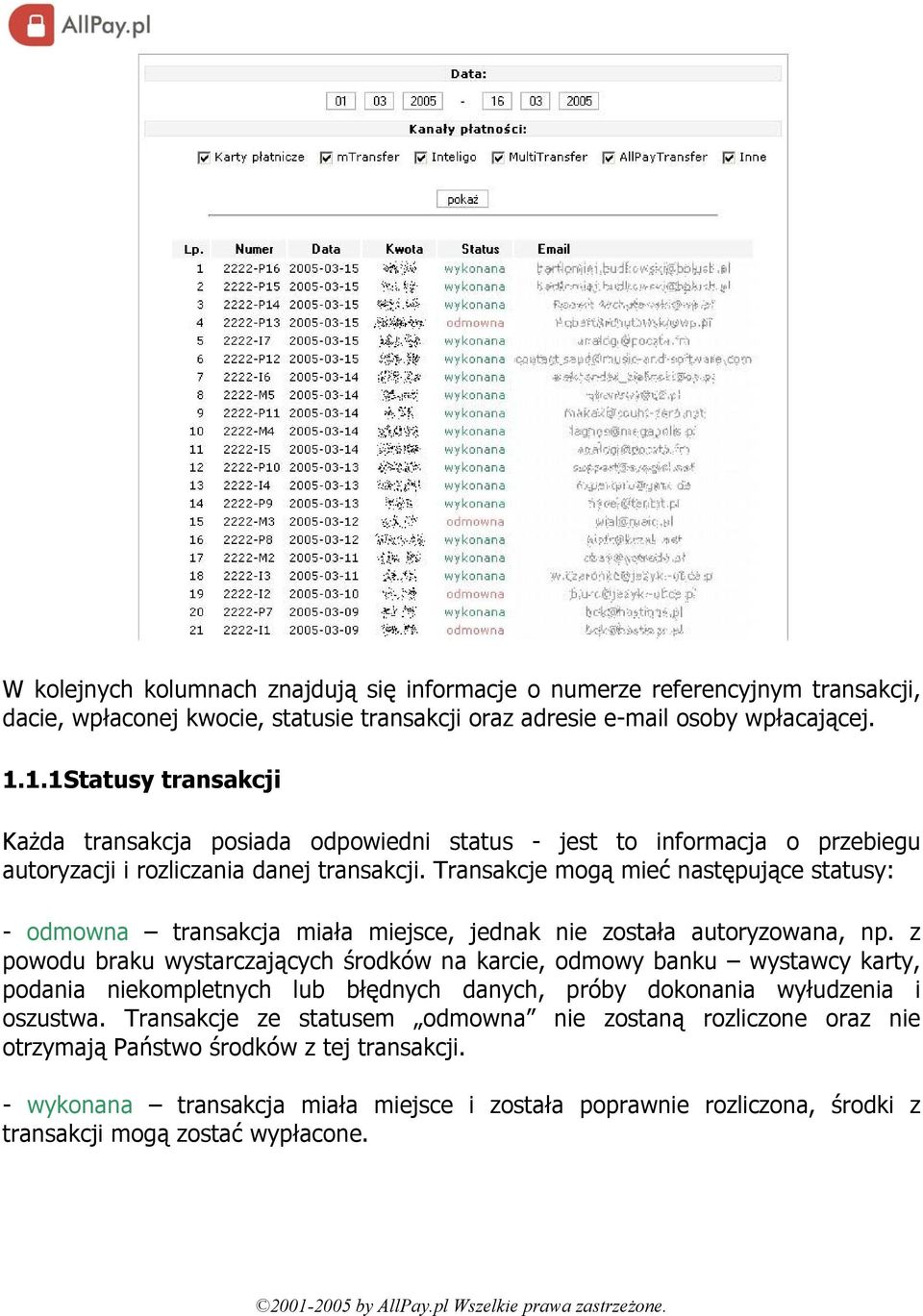 Transakcje mogą mieć następujące statusy: - odmowna transakcja miała miejsce, jednak nie została autoryzowana, np.
