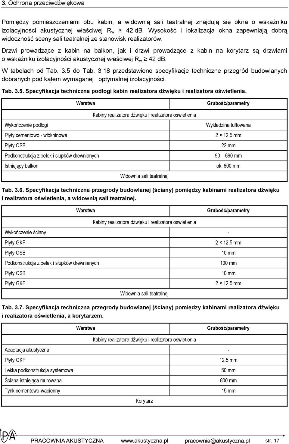 Drzwi prowadzące z kabin na balkon, jak i drzwi prowadzące z kabin na korytarz są drzwiami o wskaźniku izolacyjności akustycznej właściwej R w 42 db. W tabelach od Tab. 3.