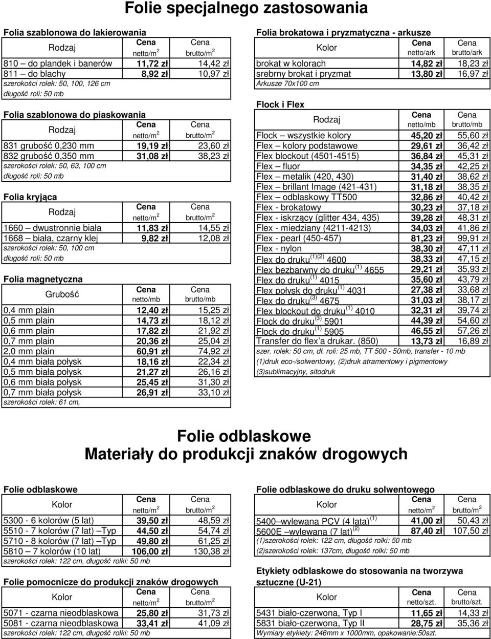 0,230 mm 19,19 zł 23,60 zł Flex kolory podstawowe 29,61 zł 36,42 zł 832 grubość 0,350 mm 31,08 zł 38,23 zł Flex blockout (4501-4515) 36,84 zł 45,31 zł szerokości rolek: 50, 63, 100 cm Flex fluor