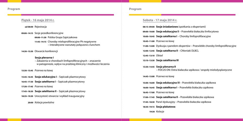 15:30 Otwarcie konferencji Sesja plenarna I Zakażenia w chorobach limfoproliferacyjnych znaczenie w patogenezie, wpływ na przebieg kliniczny i możliwości leczenia 15:30 15:45 Przerwa na kawę 15:45