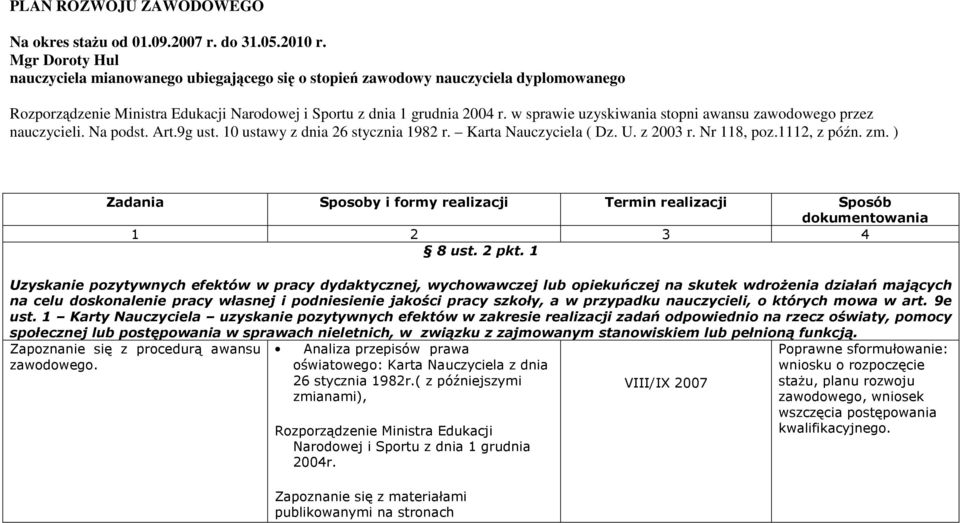 w sprawie uzyskiwania stopni awansu zawodowego przez nauczycieli. Na podst. Art.9g ust. 10 ustawy z dnia 26 stycznia 1982 r. Karta Nauczyciela ( Dz. U. z 2003 r. Nr 118, poz.1112, z późn. zm.