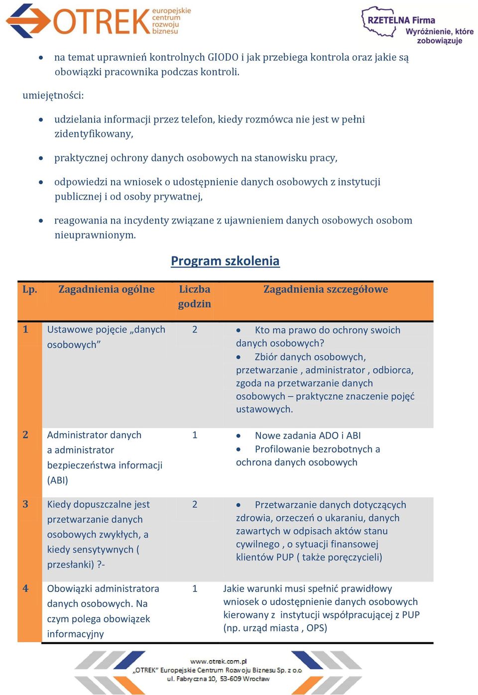 danych osobowych z instytucji publicznej i od osoby prywatnej, reagowania na incydenty związane z ujawnieniem danych osobowych osobom nieuprawnionym. Program szkolenia Lp.