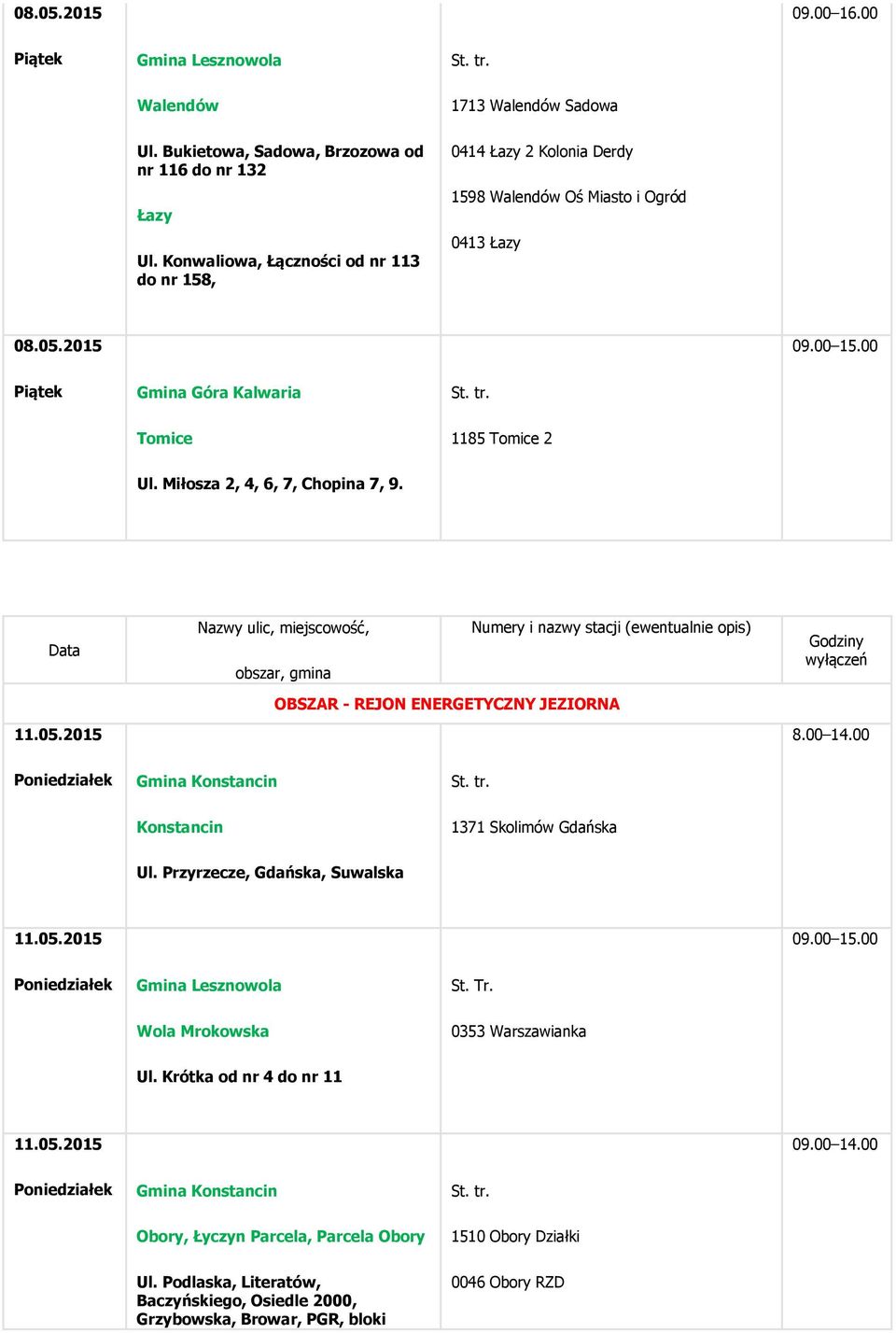 Data Nazwy ulic, miejscowość, obszar, gmina Numery i nazwy stacji (ewentualnie opis) Godziny wyłączeń OBSZAR - REJON ENERGETYCZNY JEZIORNA 8.00 14.