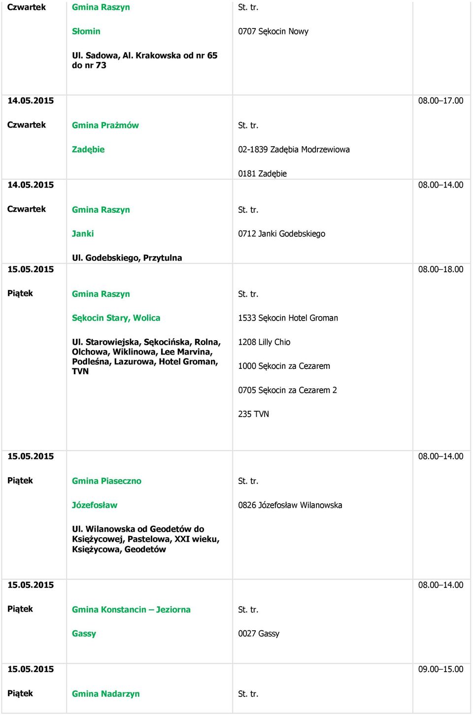 Starowiejska, Sękocińska, Rolna, Olchowa, Wiklinowa, Lee Marvina, Podleśna, Lazurowa, Hotel Groman, TVN 1208 Lilly Chio 1000 Sękocin za Cezarem 0705 Sękocin za