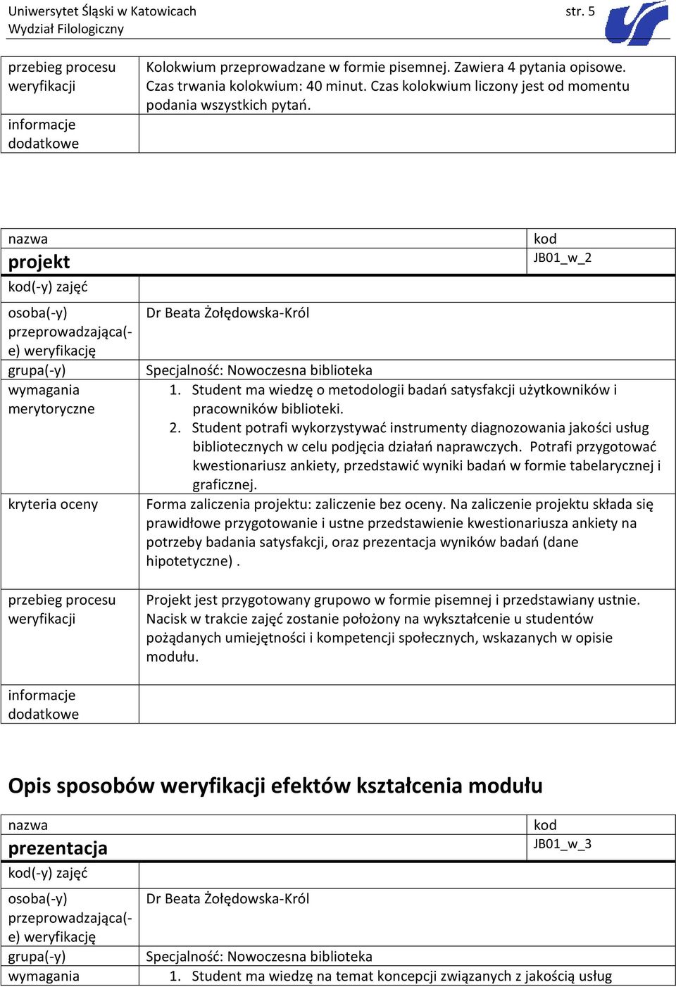 nazwa projekt (-y) osoba(-y) przeprowadzająca(- e) weryfikację wymagania merytoryczne kryteria oceny przebieg procesu weryfikacji Dr Beata Żołędowska-Król JB01_w_2 1.