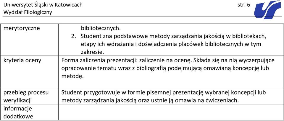 zakresie. Forma zaliczenia prezentacji: zaliczenie na ocenę.