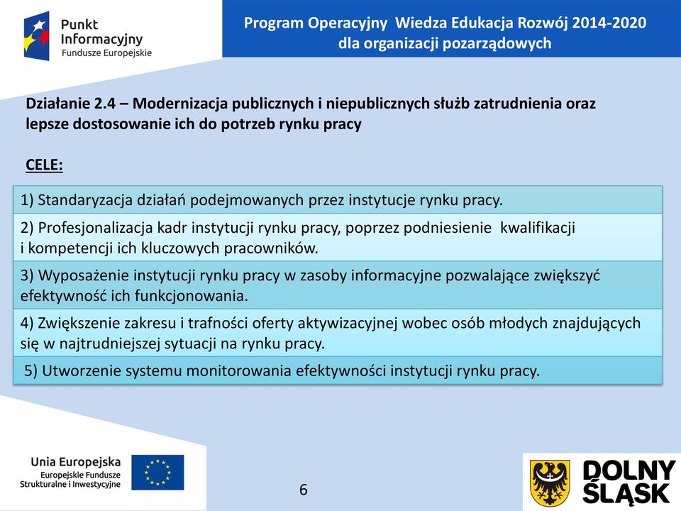 instytucje rynku pracy. 2) Profesjonalizacja kadr instytucji rynku pracy, poprzez podniesienie kwalifikacji i kompetencji ich kluczowych pracowników.