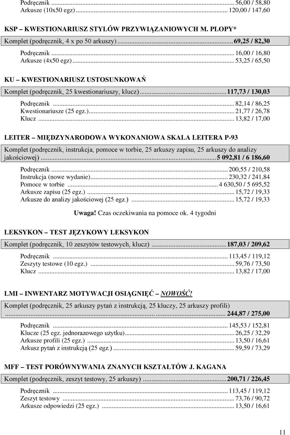 .. 82,14 / 86,25 Kwestionariusze (25 egz.).