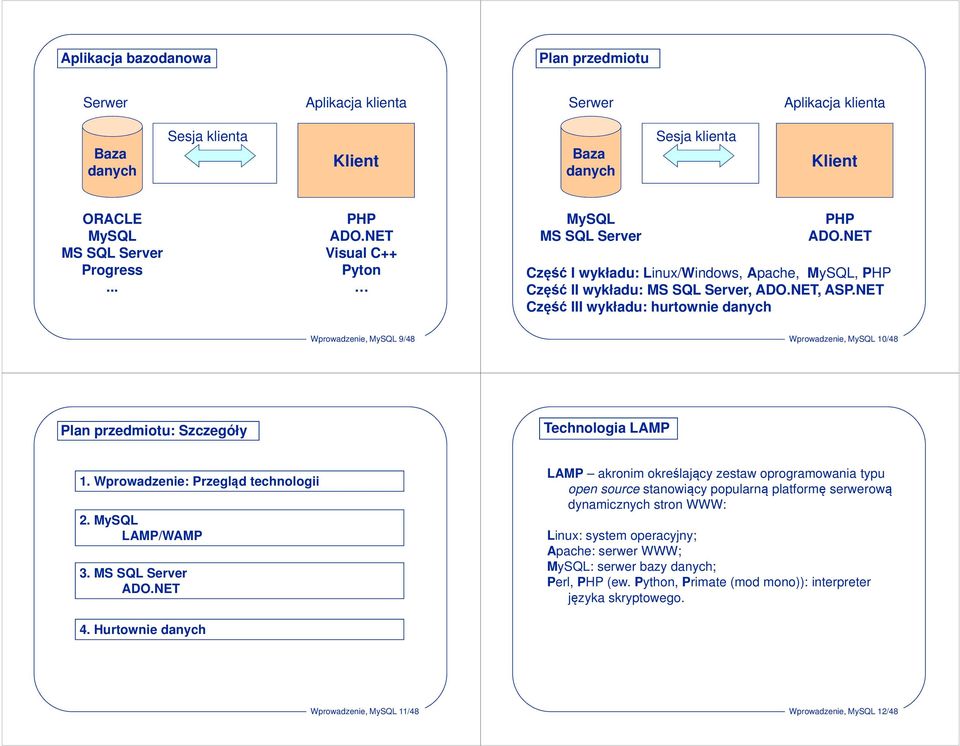 NET Część III wykładu: hurtownie danych Wprowadzenie, 9/48 Wprowadzenie, 10/48 Plan przedmiotu: Szczegóły Technologia LAMP 1. Wprowadzenie: Przegląd technologii 2. LAMP/WAMP 3. MS SQL Server ADO.